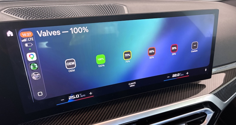 canDO Valve Controller modes shown in Apple CarPlay on the car's dashboard